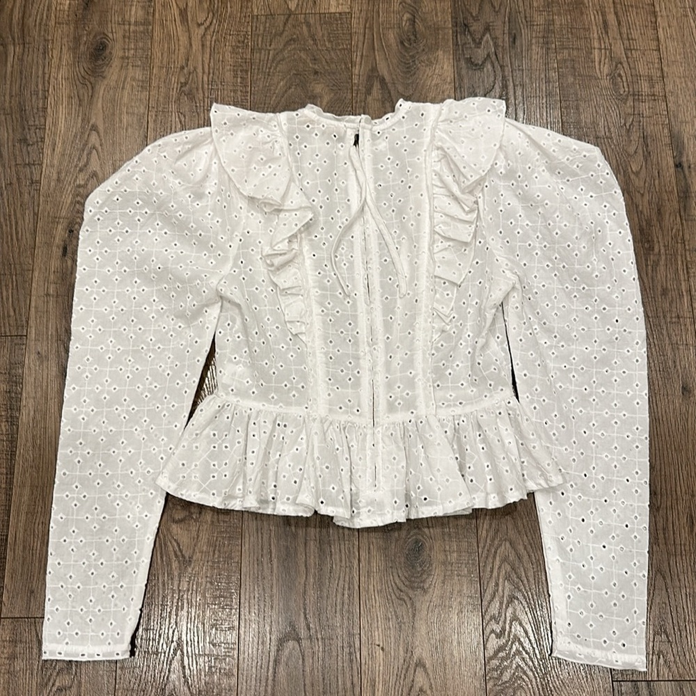 Olivaceous 100% Cotton Eyelet Ruffle Puff Sleeve Zip Back Top Blouse
